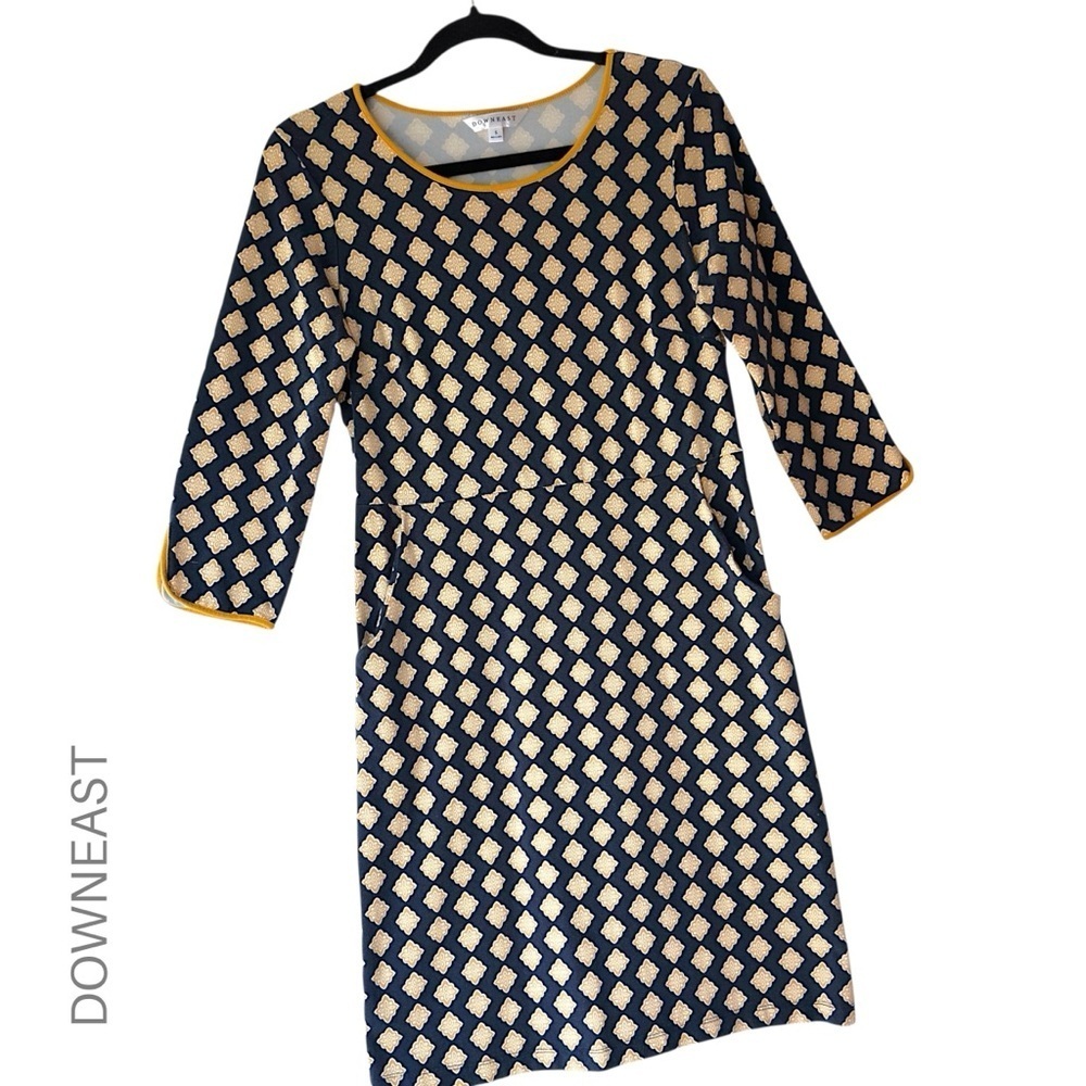 DOWNEAST | NWOT COTTON & MODAL DRESS 3/4 SLEEVES NAVY YELLOW POCKETS | SMALL